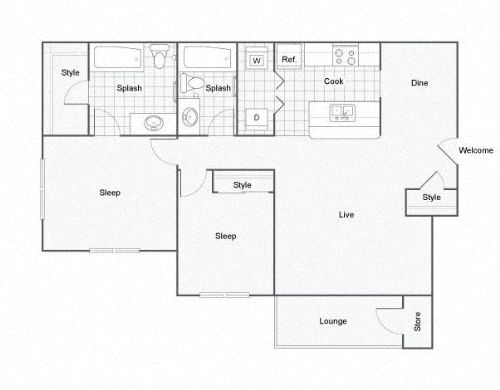 Floor plan for 2 beds, 2 baths, 923 sqft